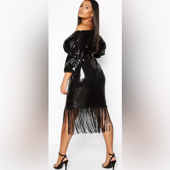 Boohoo Plus Size Sequin Faux Wrap Fringe Long Sleeve Boho MIDI - Picture 2 of 14
